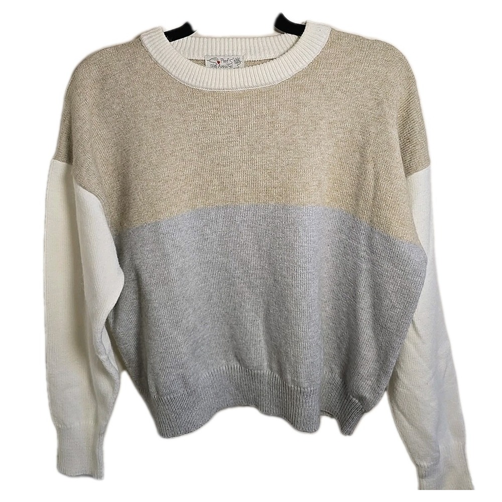 Poof Color Block Sweater Womens‎ L Oversized Cozy Knit Cream Grey White